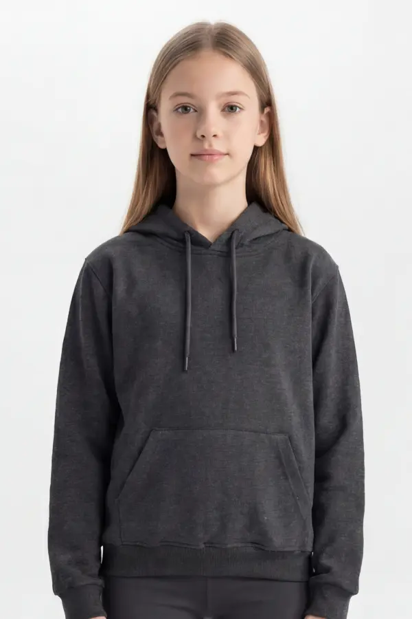 Baskısız Antrasit Melanj Çocuk Hoodie – Okul İçin Kapüşonlu Sweatshirt
