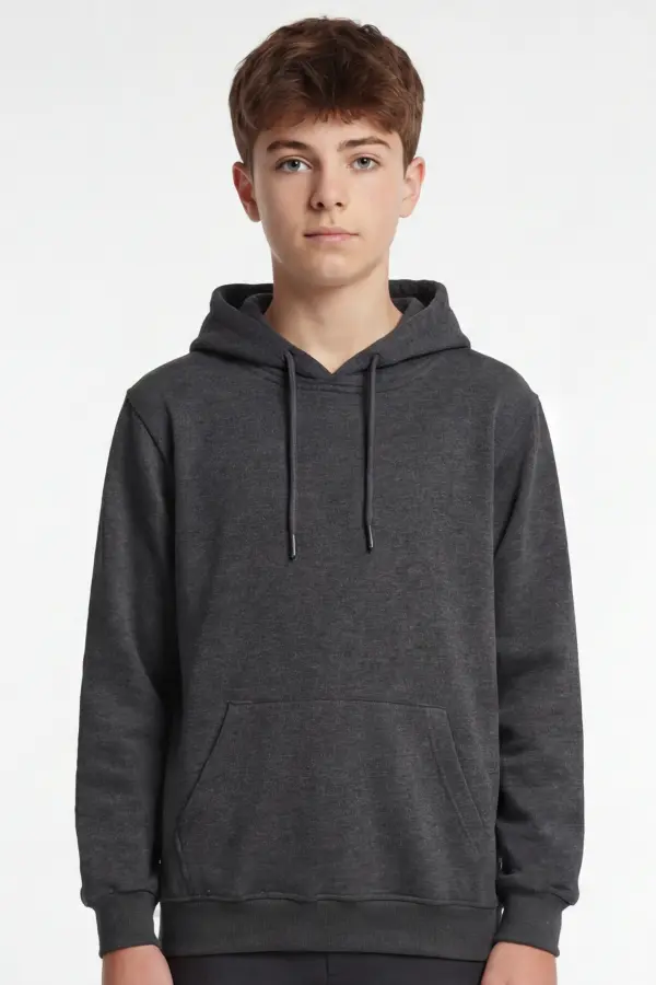 Baskısız Antrasit Melanj Çocuk Hoodie – Okul İçin Kapüşonlu Sweatshirt