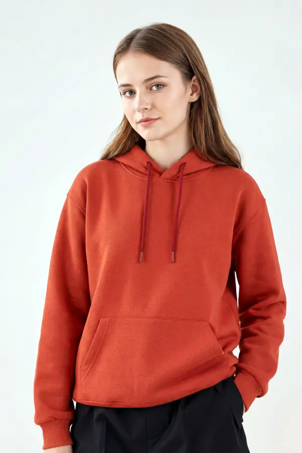 Kiremit Rengi Kapüşonlu Hoodie Sweatshirt