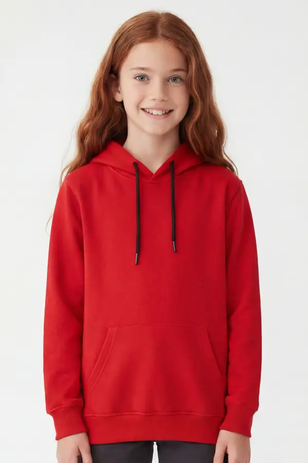 Kırmızı Çocuk Kapüşonlu Sweatshirt – Dayanıklı & Konforlu Okul Hoodie