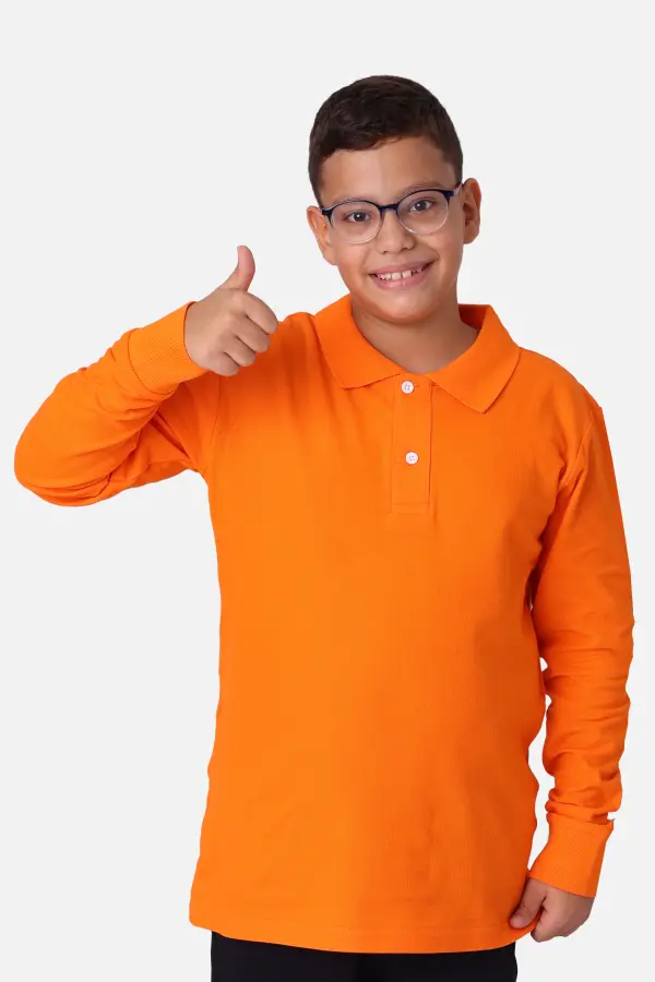 Turuncu Çocuk Unisex Polo Yaka Uzun Kollu Tişört – %100 Pamuk Okul Kıyafeti