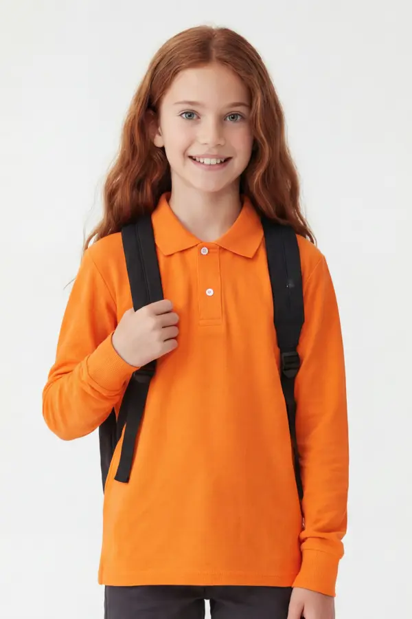 Turuncu Çocuk Unisex Polo Yaka Uzun Kollu Tişört – %100 Pamuk Okul Kıyafeti