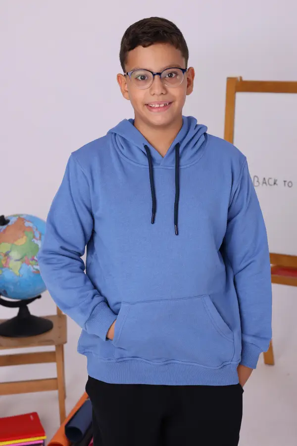 Pastel Mavi Kapüşonlu Çocuk Sweatshirt