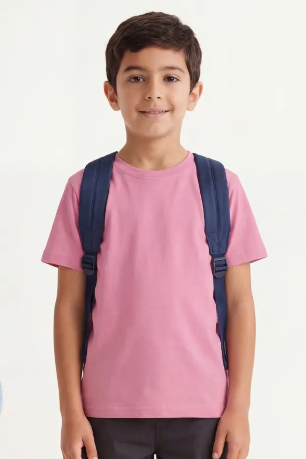 Pembe Çocuk Tişört – %100 Pamuk, MEB Uyumlu Sade Okul Tişörtü
