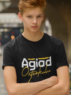 AGİAD Ortaokulu Siyah Tişört – Modern Tasarım, Unisex, Sıfır Yaka