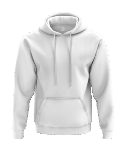 Beyaz hoodie tasarla, kapüşonlu, kanguru cepli, siyah fonda.
