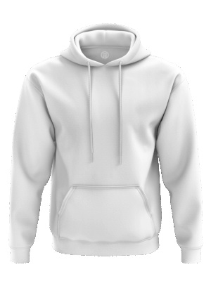 Beyaz hoodie tasarla, kapüşonlu, kanguru cepli, siyah fonda.