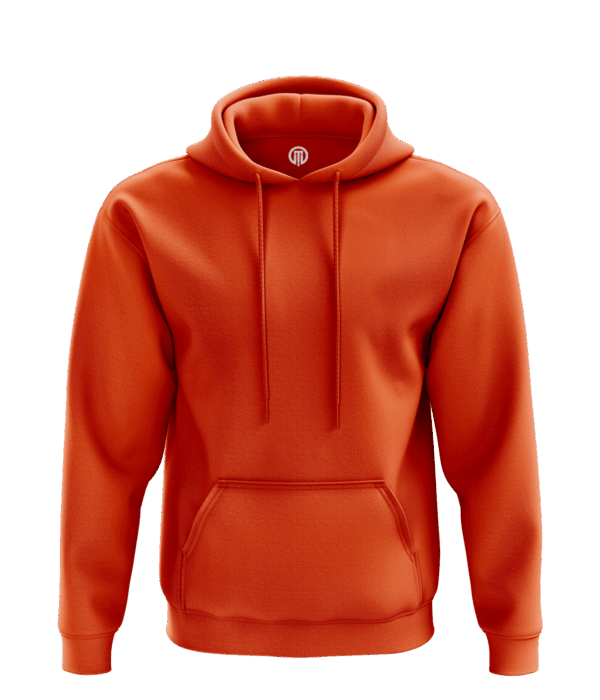 Canlı turuncu hoodie, kapüşonlu, kanguru cepli.