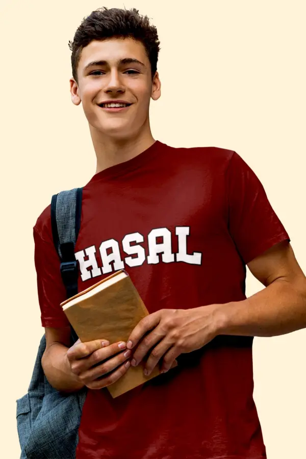 Hüseyin Avni Sözen Anadolu Lisesi Tişört – Bordo, Sıfır Yaka, Kolej Stili "HASAL" Yazılı
