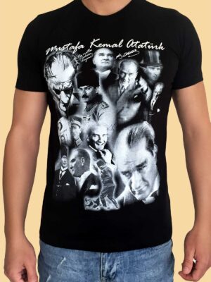 Mustafa Kemal Atatürk Siyah Tişört – Portre Kolaj Tasarımı, Unisex Model
