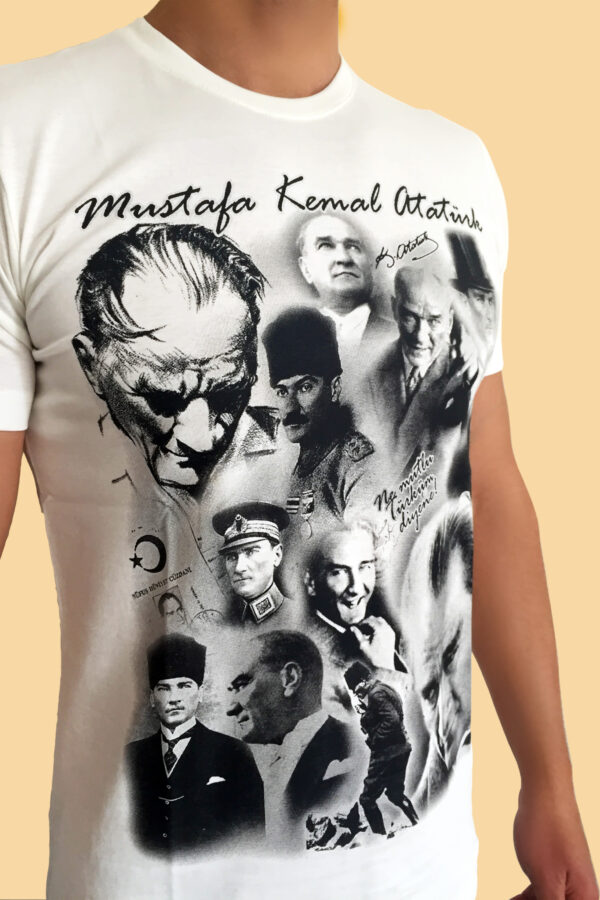 Mustafa Kemal Atatürk Baskılı Ekru Tişört – Unisex, Kolaj Portre Tasarımı, %100 Pamuk - Görsel 2