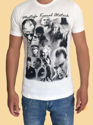 Mustafa Kemal Atatürk Baskılı Ekru Tişört – Unisex, Kolaj Portre Tasarımı, %100 Pamuk