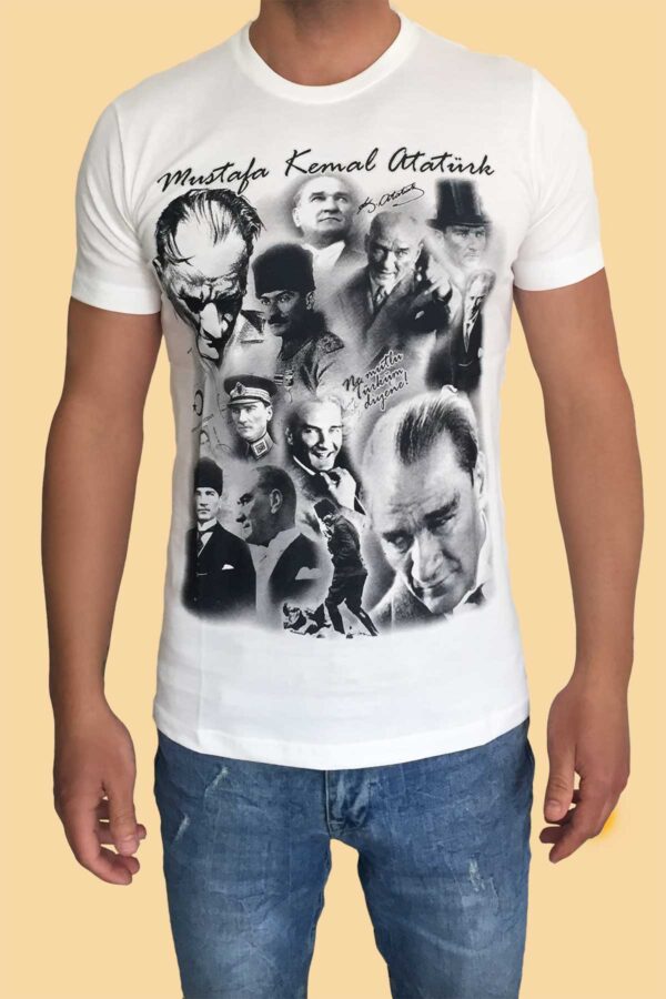 Mustafa Kemal Atatürk Baskılı Ekru Tişört – Unisex, Kolaj Portre Tasarımı, %100 Pamuk