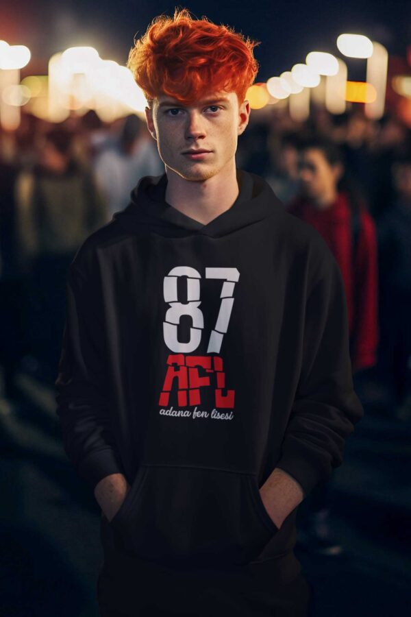 Adana Fen Lisesi Siyah Kapüşonlu Sweatshirt – 87 AFL Tipografik Tasarım - Görsel 2