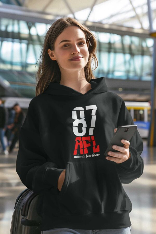 Adana Fen Lisesi Siyah Kapüşonlu Sweatshirt – 87 AFL Tipografik Tasarım