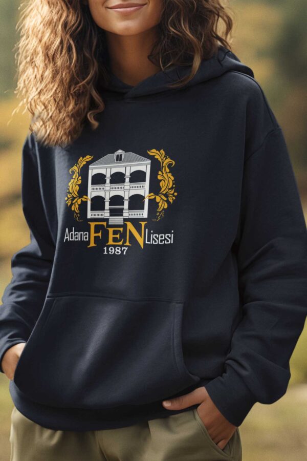 Adana Fen Lisesi Lacivert Kapüşonlu Sweatshirt – Tarihi Bina Silüetli, 1987 Kuruluşlu Kolej Tasarımı - Görsel 2