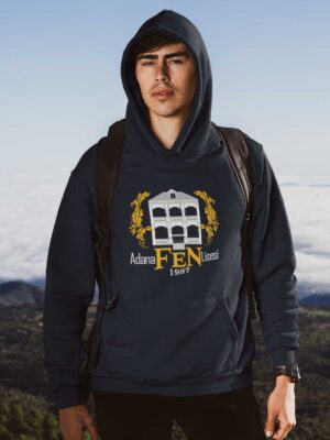 Adana Fen Lisesi Lacivert Kapüşonlu Sweatshirt – Tarihi Bina Silüetli, 1987 Kuruluşlu Kolej Tasarımı