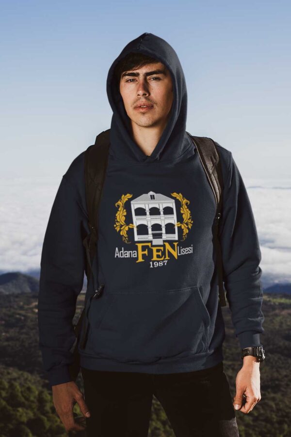 Adana Fen Lisesi Lacivert Kapüşonlu Sweatshirt – Tarihi Bina Silüetli, 1987 Kuruluşlu Kolej Tasarımı