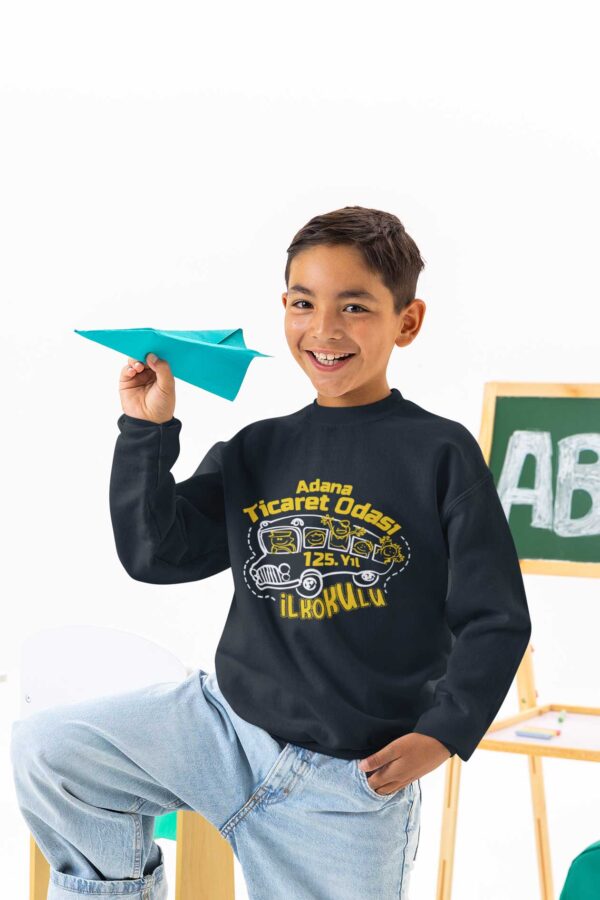 Adana Ticaret Odası İlkokulu 125. Yıl Lacivert Sweatshirt –  Uzun Kollu, Eğlenceli Okul Otobüsü Tasarımı