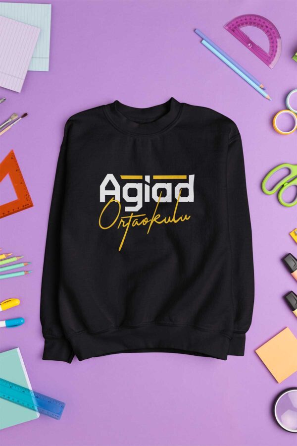 Agiad Ortaokulu Siyah Sweatshirt – Modern Tipografi, Sıfır Yaka, Unisex - Görsel 2