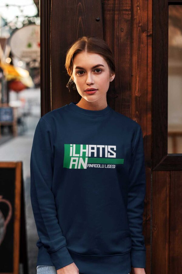 İlhan Atış Anadolu Lisesi Indigo Mavi Sweatshirt–Sıfır Yaka, Modern ve Sade Tasarım