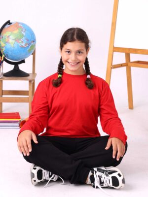 Kırmızı Sıfır Yaka Baskısız Premium Unisex Çocuk Uzun Kollu Tişört