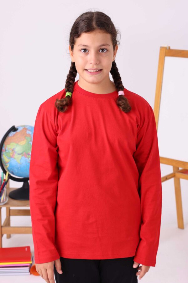 Kırmızı Sıfır Yaka Baskısız Premium Unisex Çocuk Uzun Kollu Tişört - Görsel 4