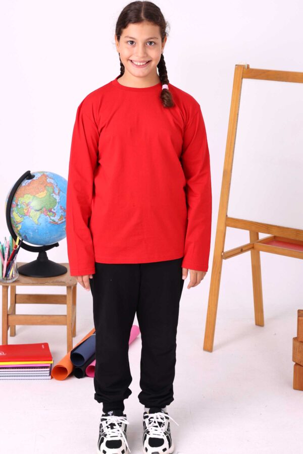 Kırmızı Sıfır Yaka Baskısız Premium Unisex Çocuk Uzun Kollu Tişört - Görsel 3